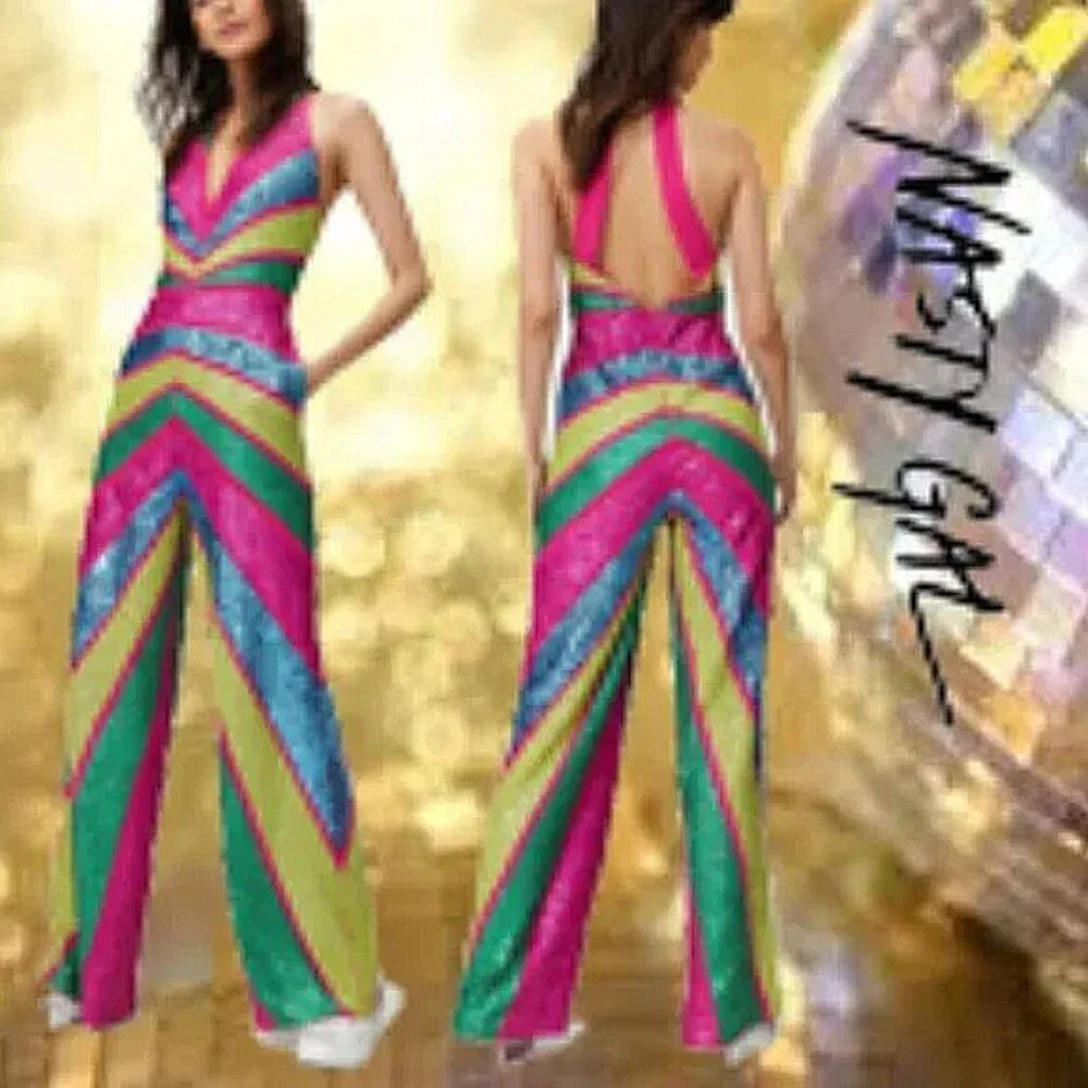 💋RETRO GLAM!💋 STUDIO 54 Halter Cut Out Wide-leg Jumpsuit in Stripe Sequin - Picture 3 of 15